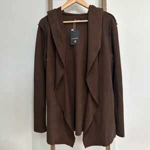LUXVEER Brown Draped Open Front Hooded Cardigan Faux Suede Women’s Size M NWT